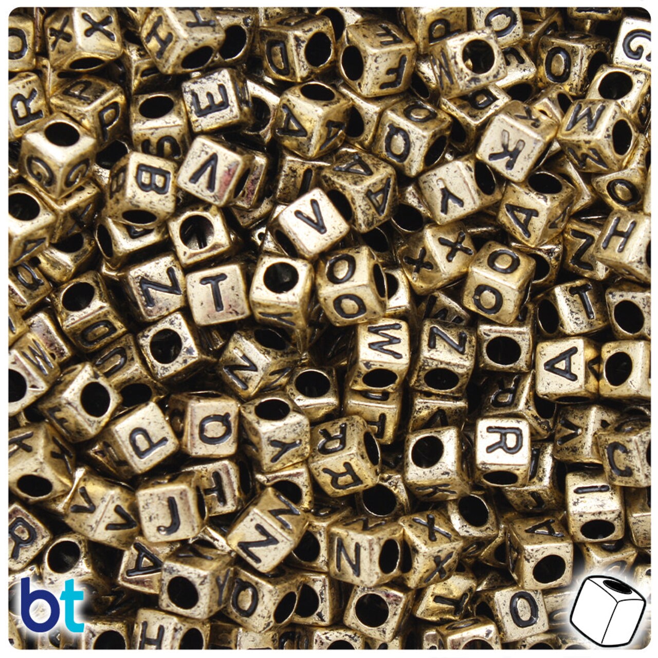 BeadTin Gold Metallic 6mm Cube Plastic Alpha Beads - Black Letter Mix (200pcs)